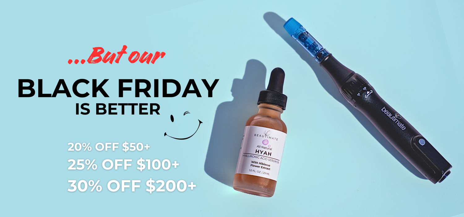 Beautimate BFCM desktop graphic announcing straightforward discounts on skincare tools, devices, and serums.