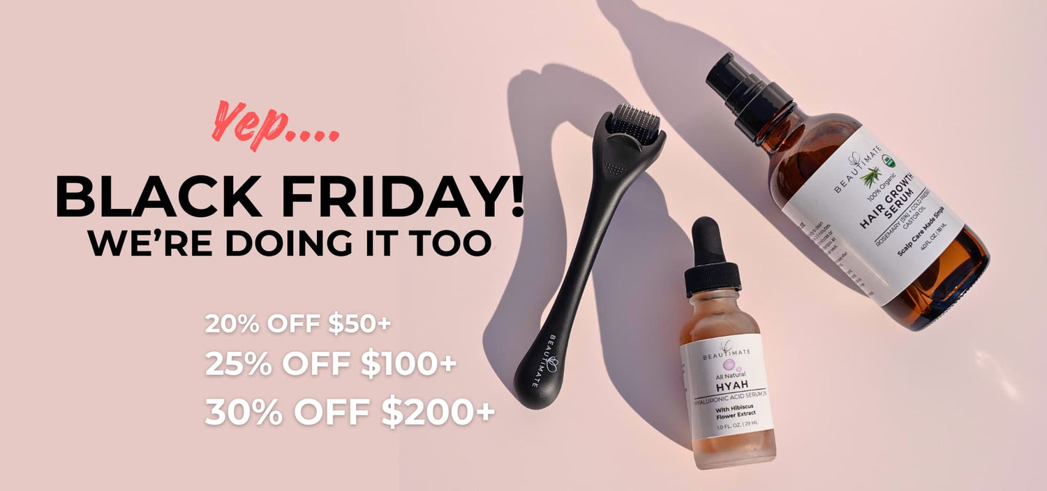 Beautimate desktop BFCM banner showing tiered discounts 20% off $50+, 25% off $100+, 30% off $200+ during Black Friday sale.