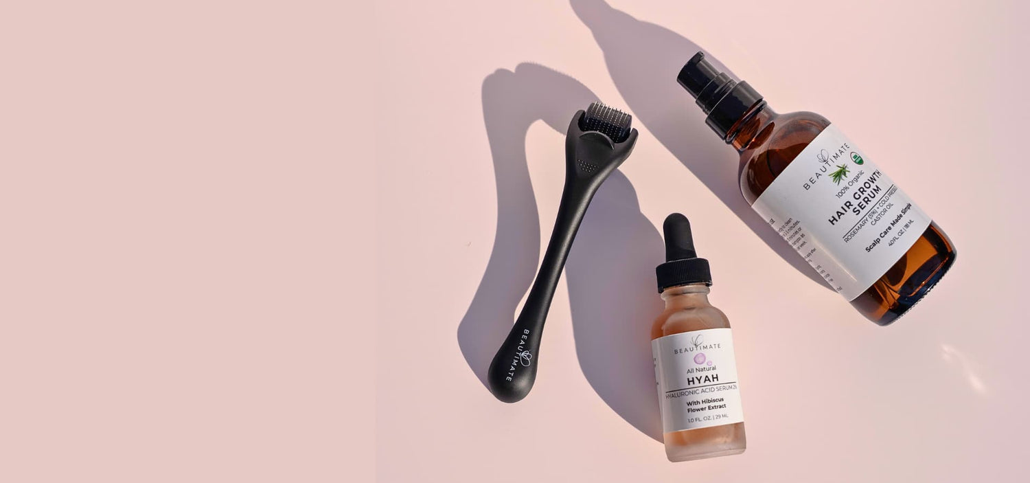 Beautimate skincare tools collection featuring microneedling pen, LED light therapy mask, and botanical serums.