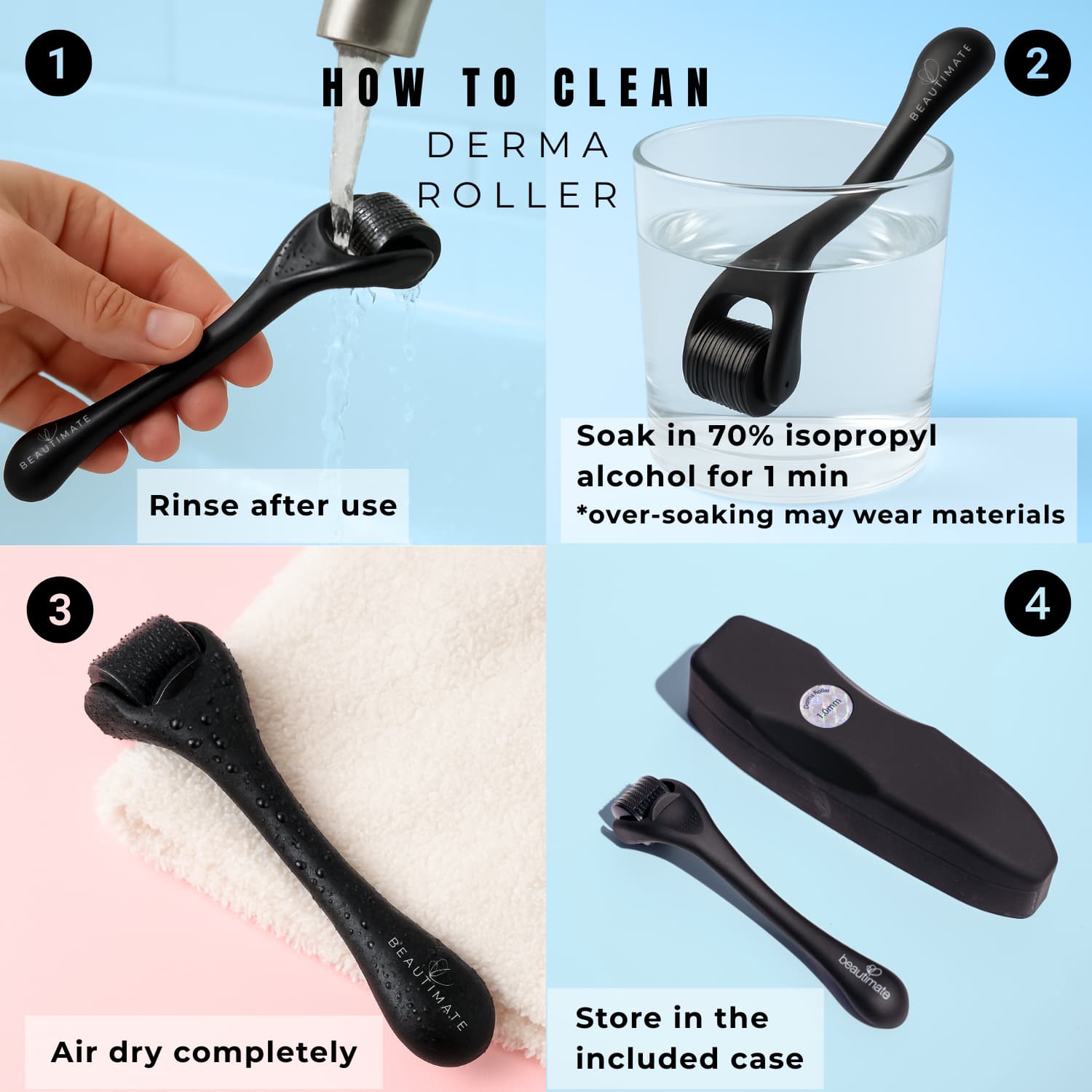 Step-by-step guide on how to clean beautimate derma roller with text instructions.