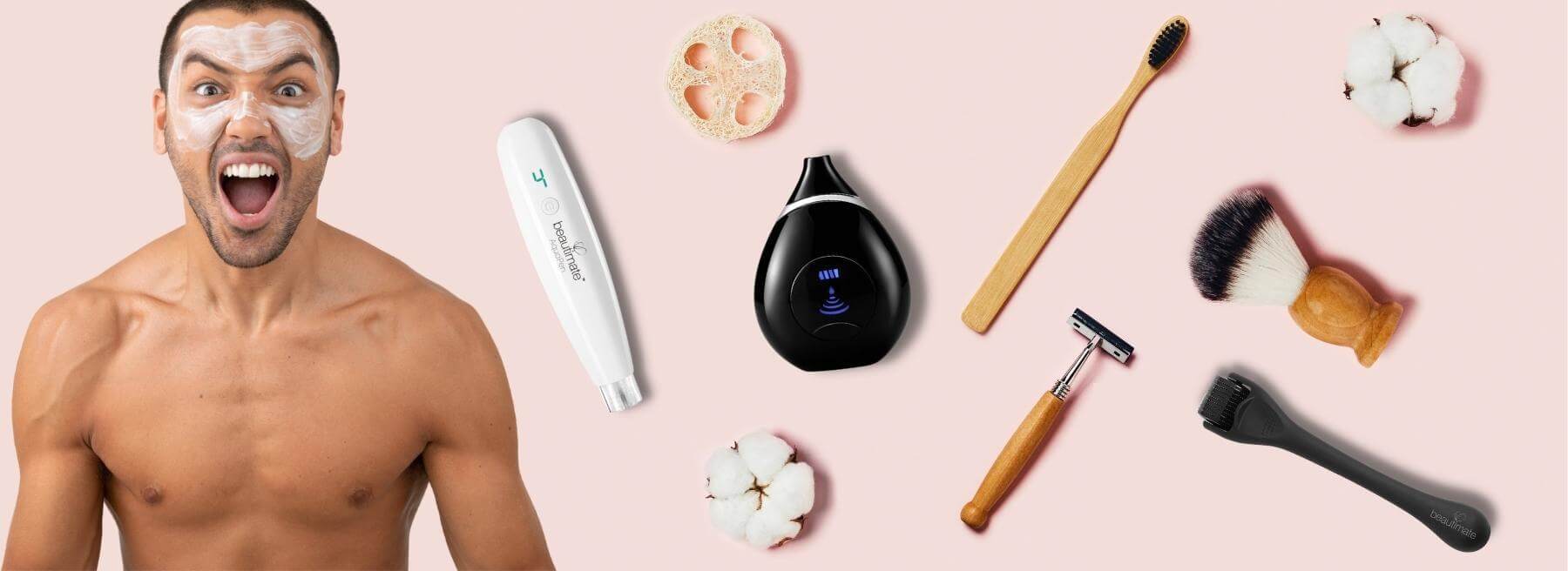 <img src="image.png" alt="man with his skincare products including beautimate facial tools">