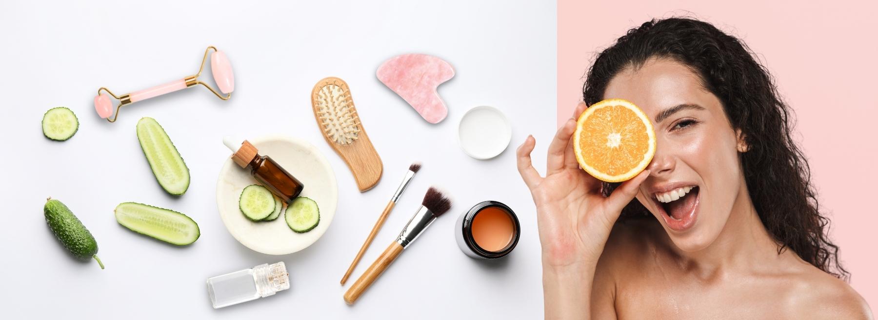 <img src="image.png" alt="woman holding an orange smiling with her skincare products">
