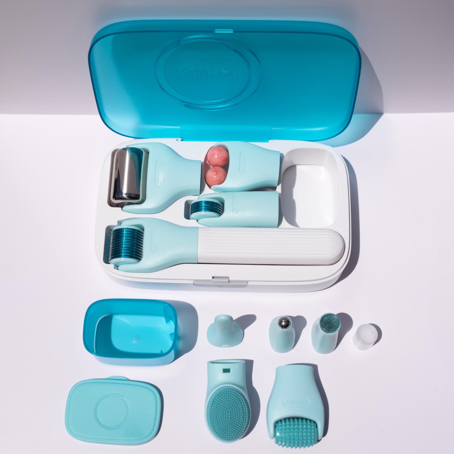 Close-up of Beautimate 10-in-1 microneedling roller heads inside disinfection case