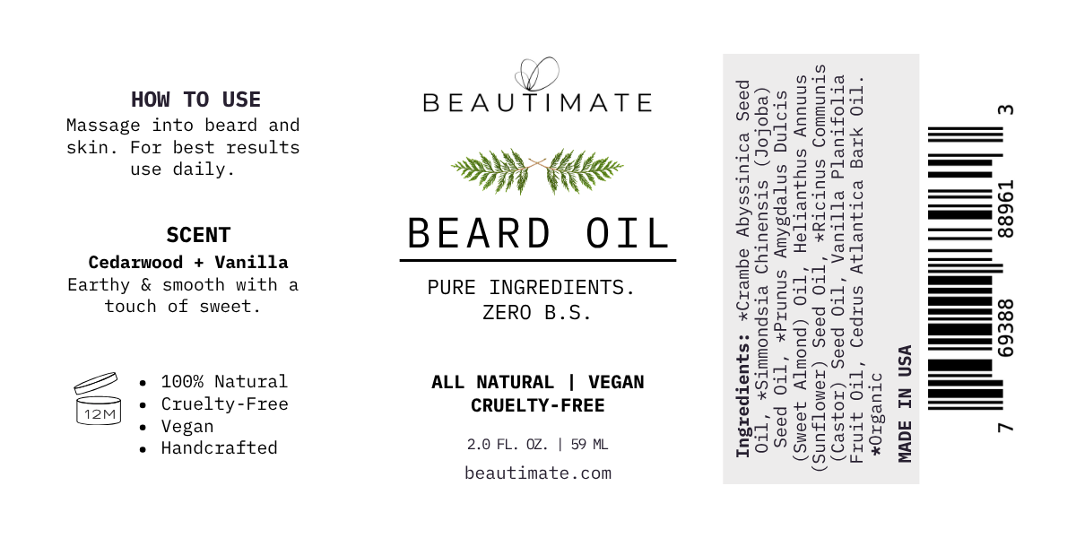 Close-up of beard label with ingredients: jojoba, castor, almond oils