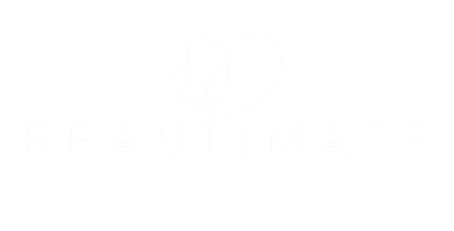 Beautimate logo — white wordmark and butterfly-flower mark on transparent background, for dark headers and footers