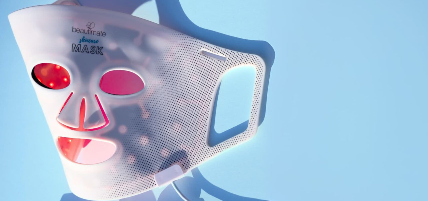 beautimate LED light therapy face mask with red and pink lights on a blue background