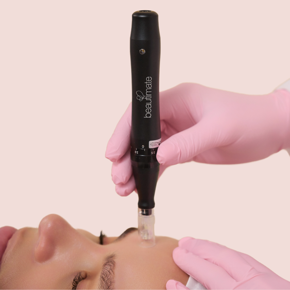 woman getting microneedling done on her face