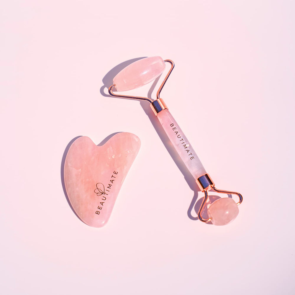 Beautimate Rose Quartz Face Roller and Gua Sha Set made from genuine rose quartz stone in a decorative gift box.