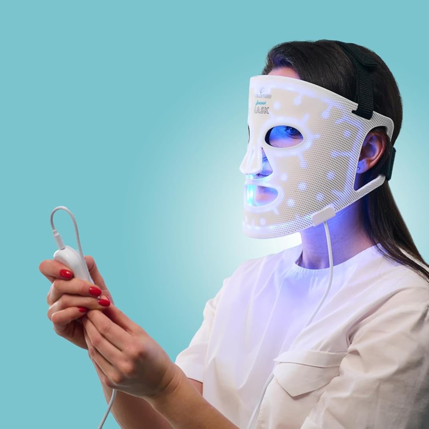 Blue light therapy mask reducing acne-causing bacteria and calming inflammation