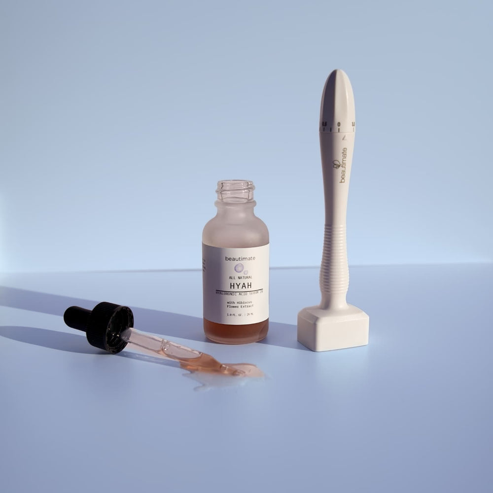 Beautimate derma stamp and Hyah serum bundle for at-home microneedling