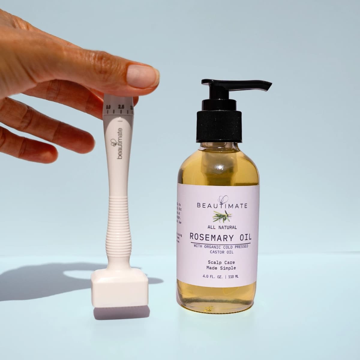 Beautimate Derma Stamp applied to scalp for hair growth support with rosemary oil