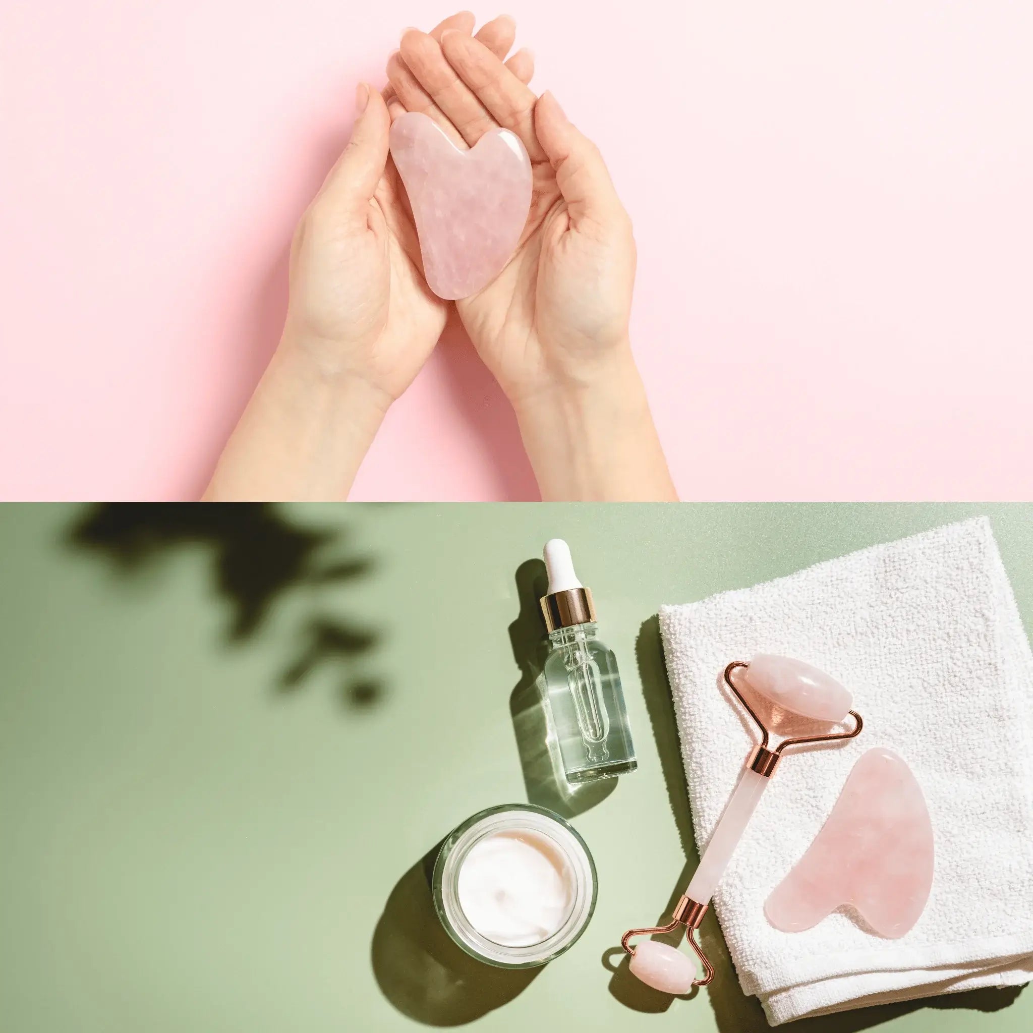 woman holding gua sha and set with other skin care products