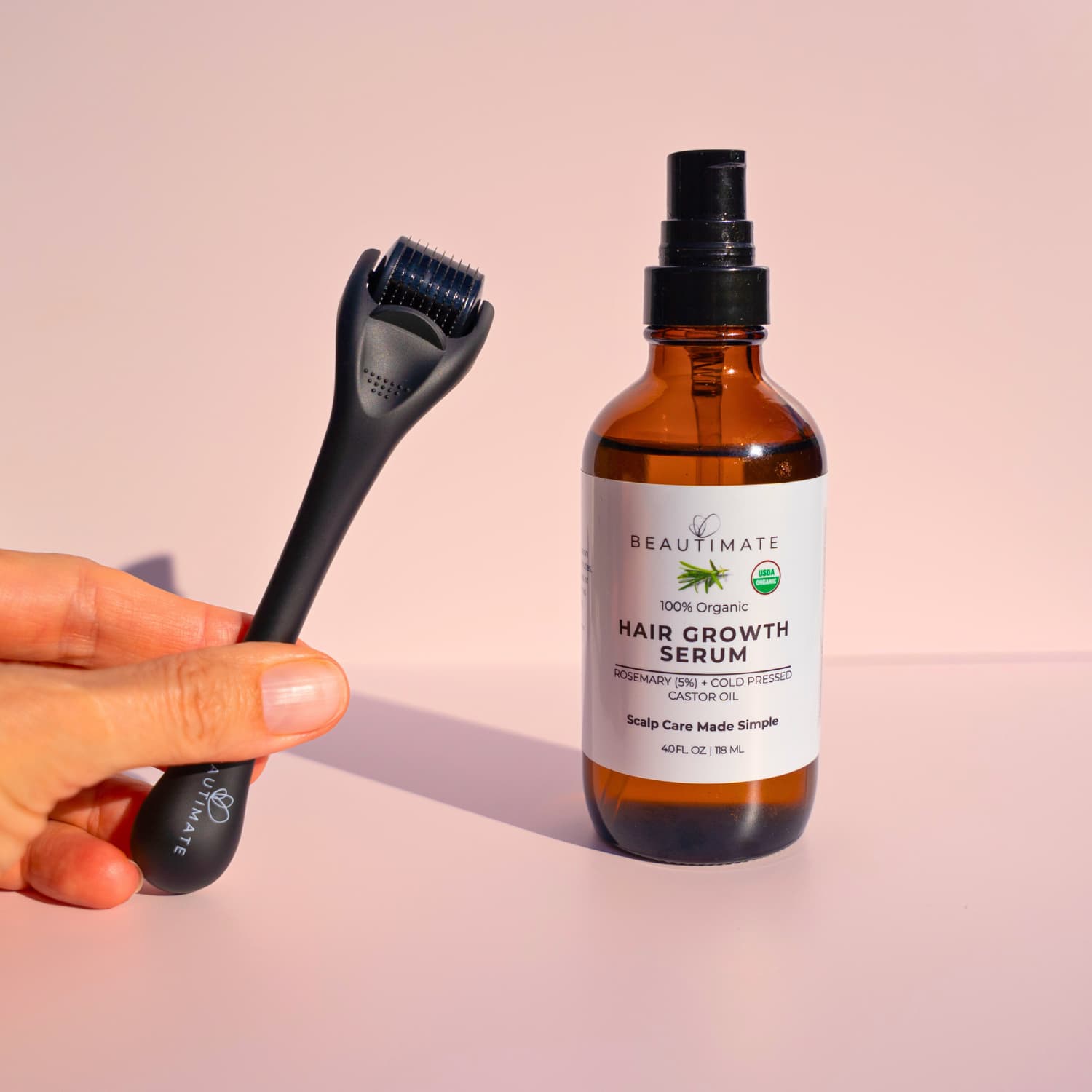 Beautimate hair care bundle with microneedle roller and hexane-free rosemary oil serum.