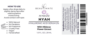 Label of Beautimate Hyah Hyaluronic Acid Serum with product details and usage instructions.