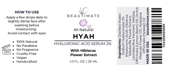 Label of Beautimate Hyah Hyaluronic Acid Serum with product details and usage instructions.
