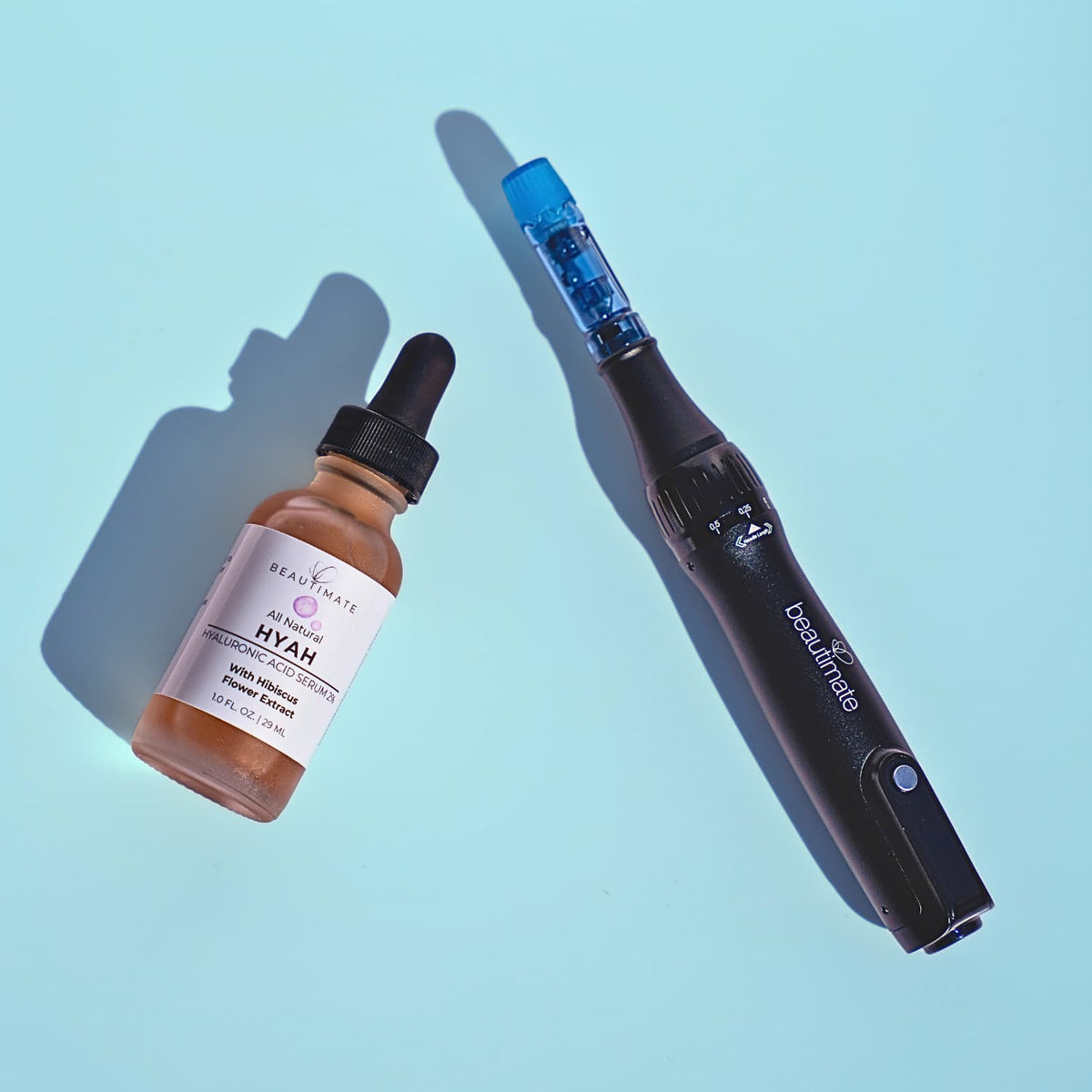 Beautimate Microneedle Pen paired with Hyah Serum for an at-home microneedling routine.