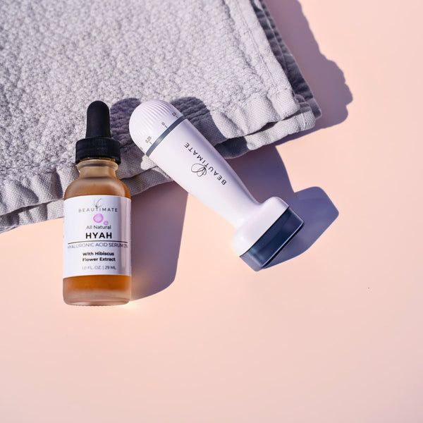 Beautimate derma stamp, Hyah Serum arranged as complete skin care set
