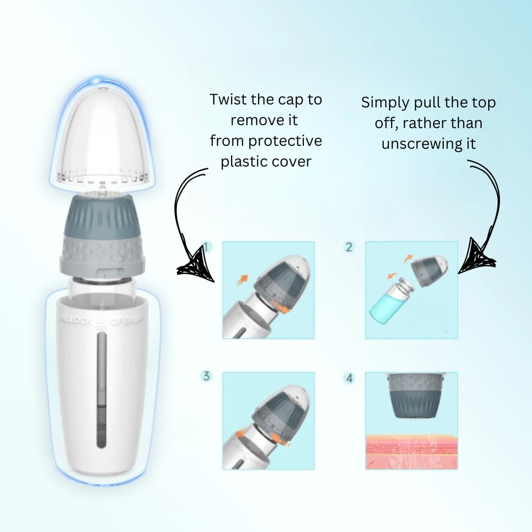 Instructions on how to use the hydra stamp device with a cap, showing steps on a light blue background.