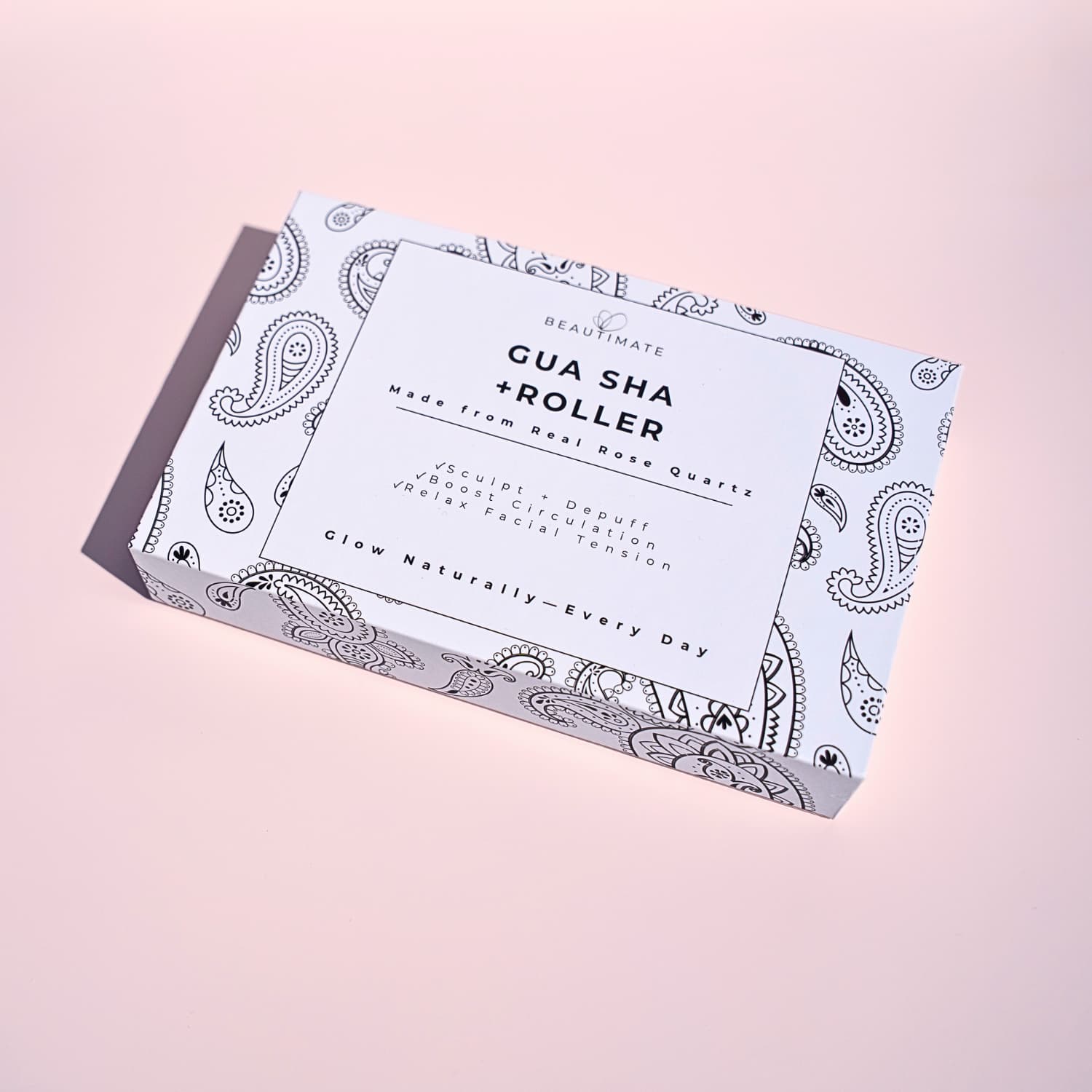 Beautimate jade roller and rose quartz gua sha set packaging