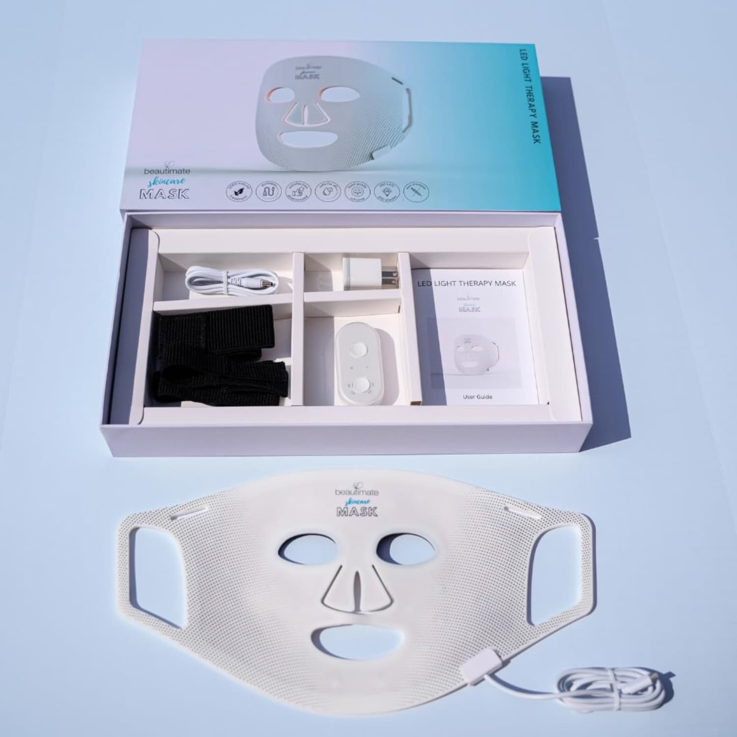 LED mask kit with adjustable strap, USB-C charger, and user guide