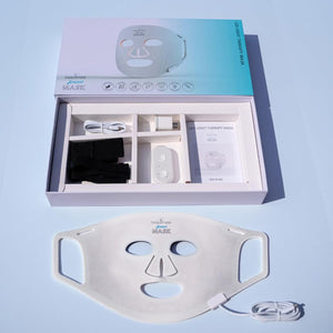 LED mask kit with adjustable strap, USB-C charger, and user guide