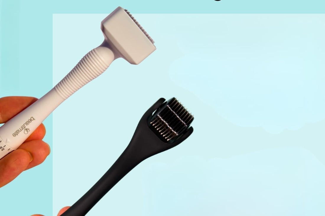 Two microneedling tools held in hands with text 'Roll or Stamp? The Microneedling Debate!' on a light blue background.