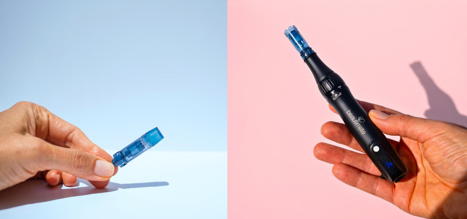 Hand holding Beautimate Microneedle Pen and replacement cartridge against blue background – professional microneedling tools for smoother, radiant skin