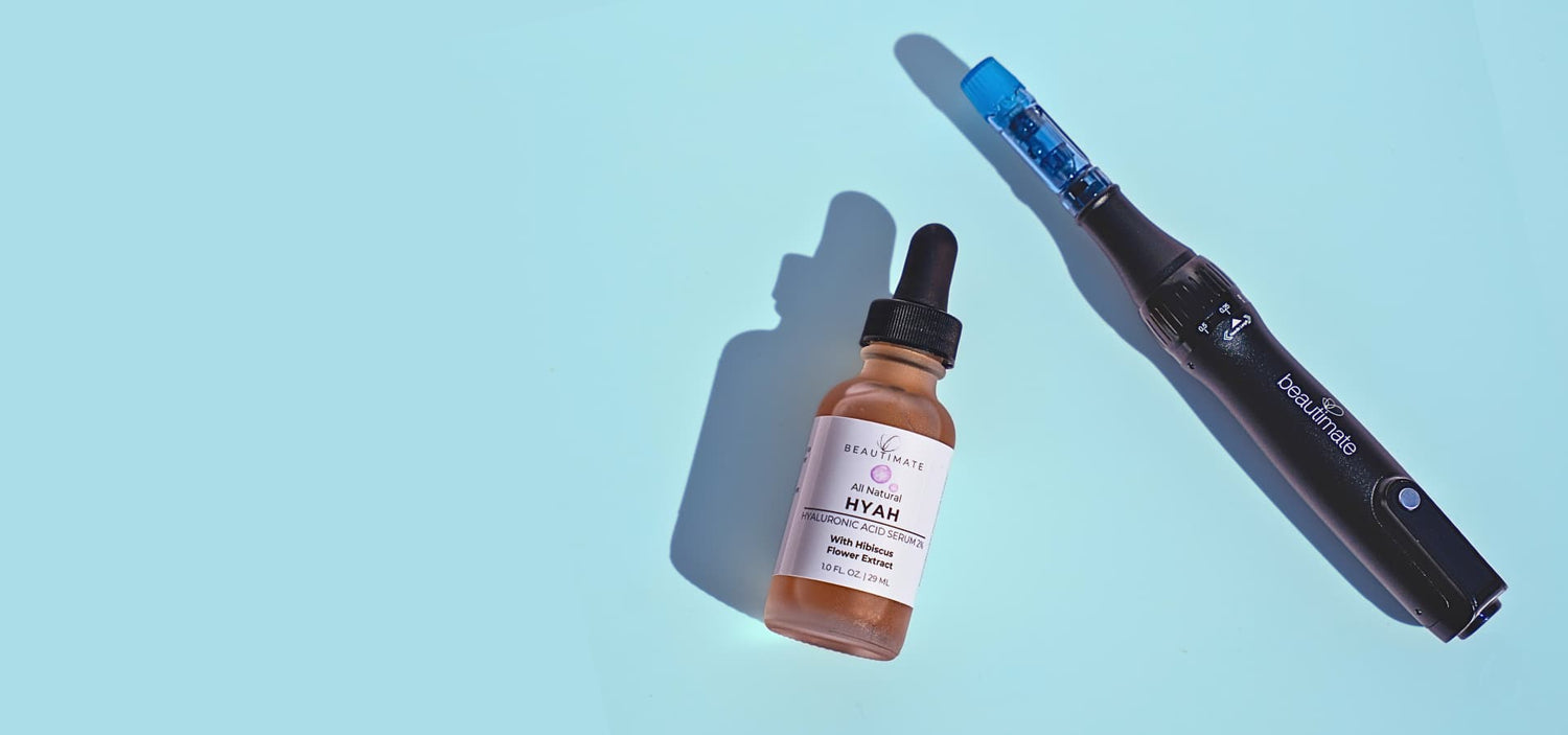 Beautimate product lineup including microneedling tools, LED therapy mask, and clean skincare serums.