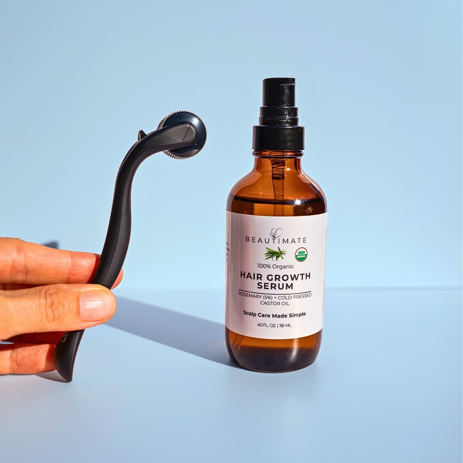 Using Beautimate derma roller with rosemary oil to support scalp circulation and healthy-looking hair.