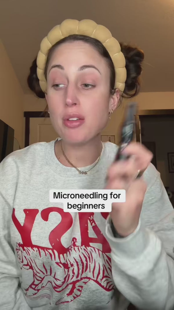 Woman sharing her at-home skincare routine with the Beautimate Microneedle Pen