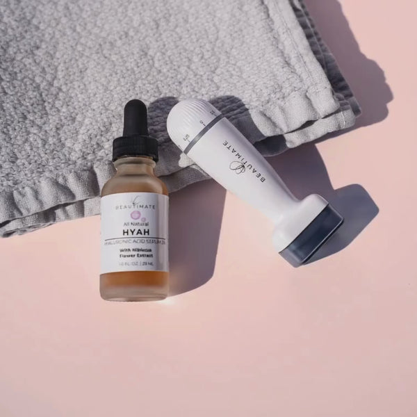 beautimate derma stamp and hyah serum, woman pouring hyaluronic acid serum into her palm