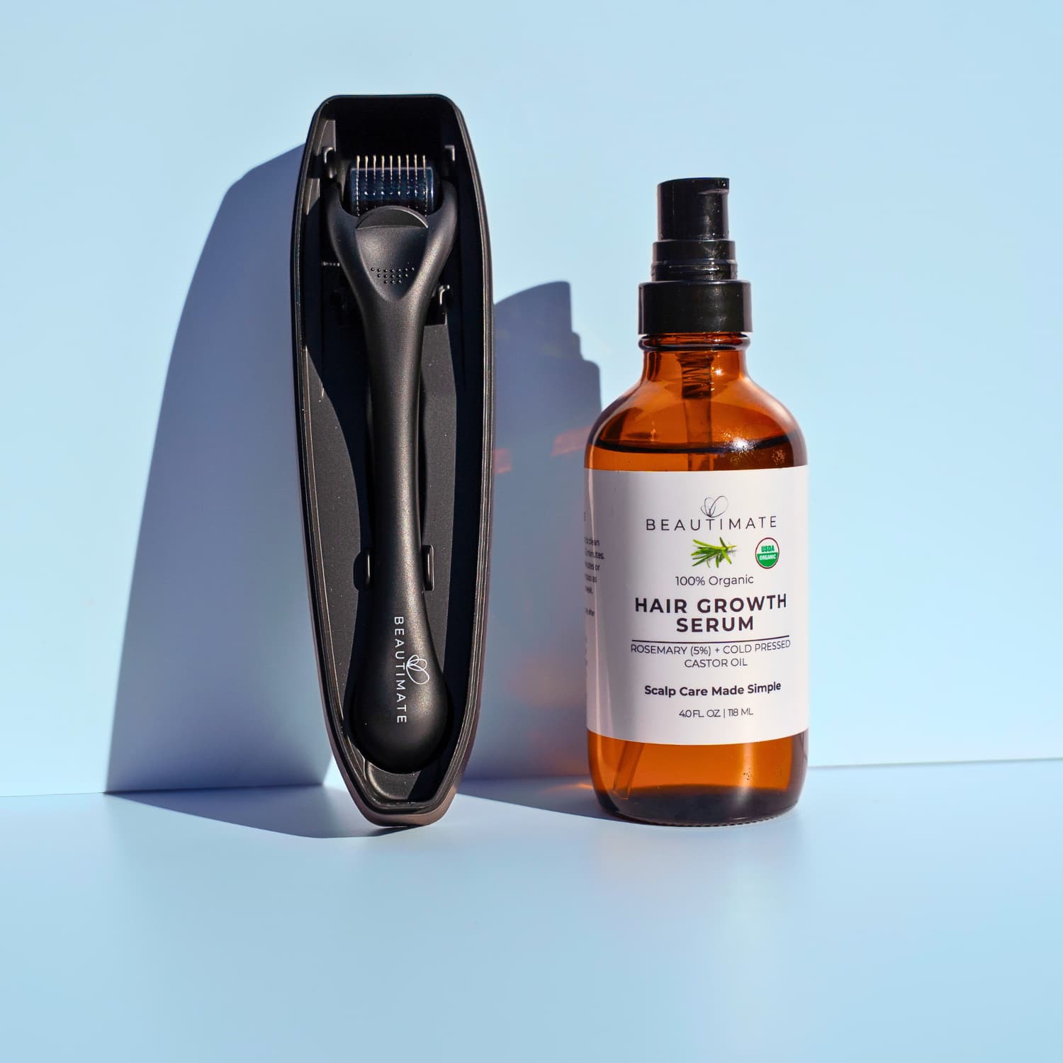 Beautimate derma roller and USDA Organic rosemary oil bundle for gentle scalp care and hair routine support.