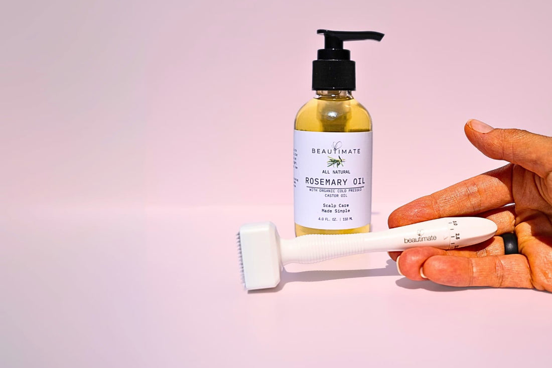 Rosemary oil bottle, derma stamp with 'beautimate' branding -hair bundle for healthy scalp and thick hair