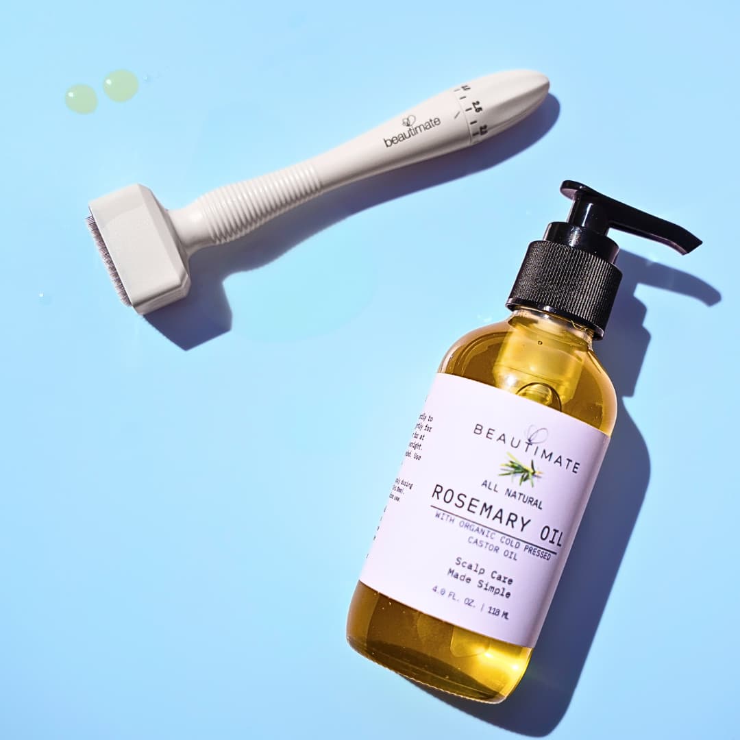 beautimate rosemary oil and adjustable derma stamp bundle for healthy thick hair brows and beards. 
