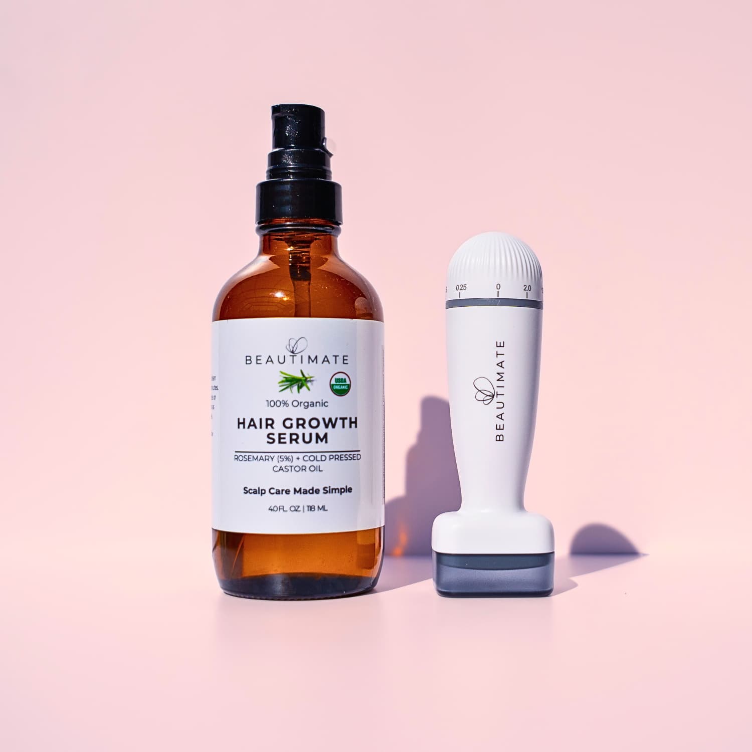 Beautimate derma stamp and USDA Organic Rosemary Oil scalp serum for hair growth routine