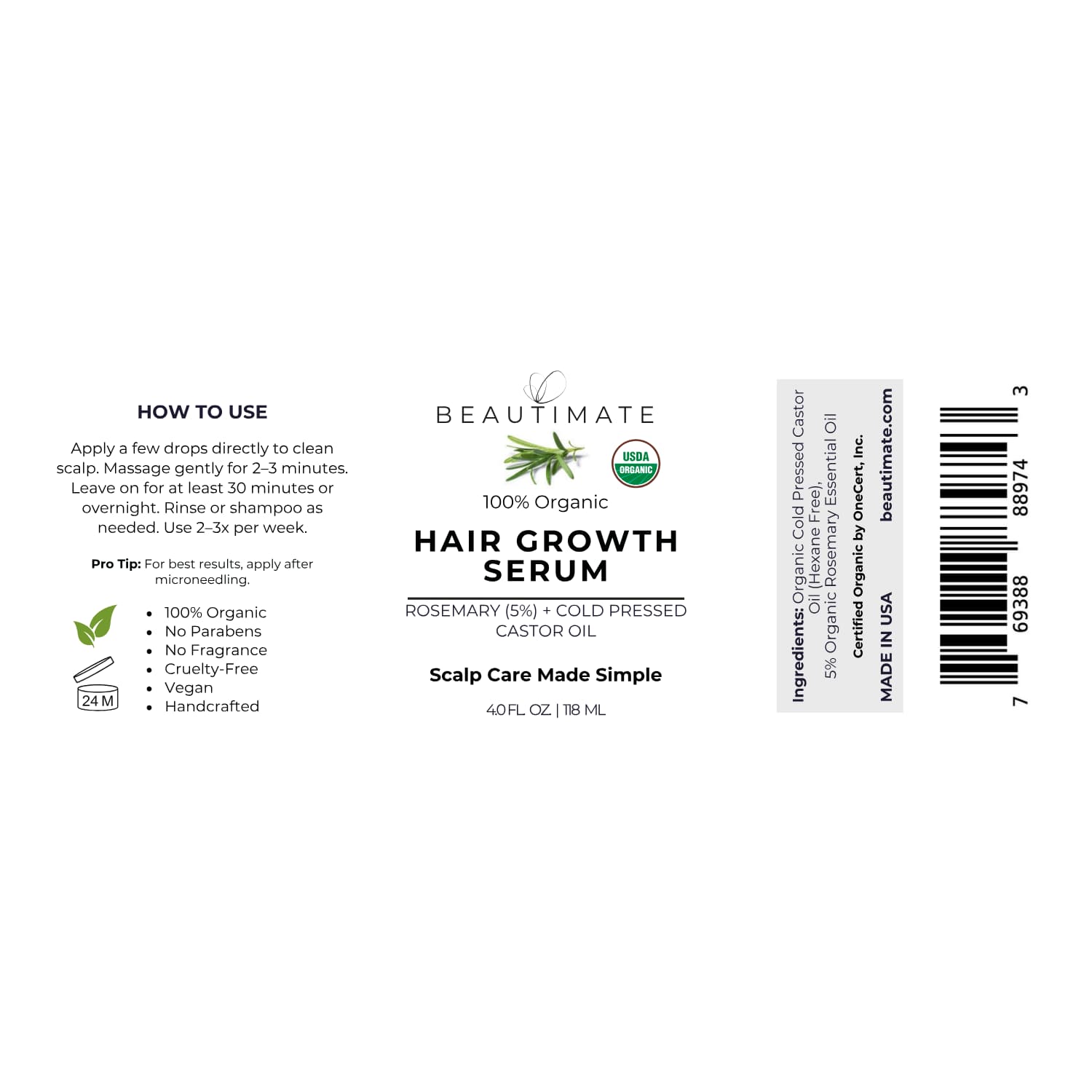 Label of Beautimate USDA Organic hair growth serum on a white background