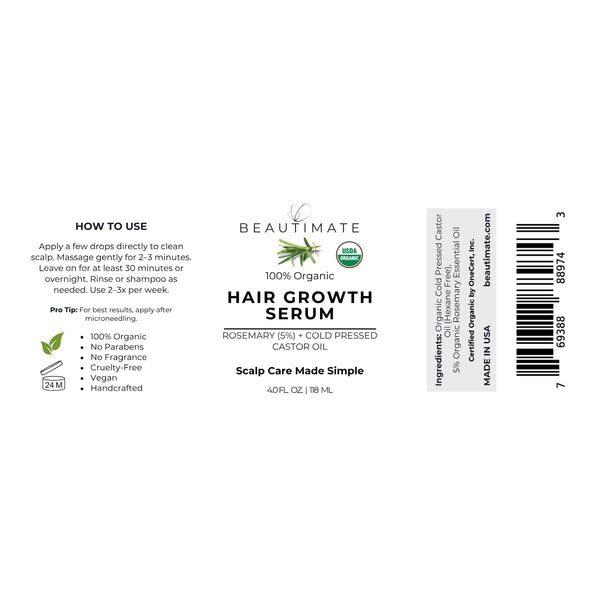 Label of Beautimate USDA Organic hair growth serum on a white background