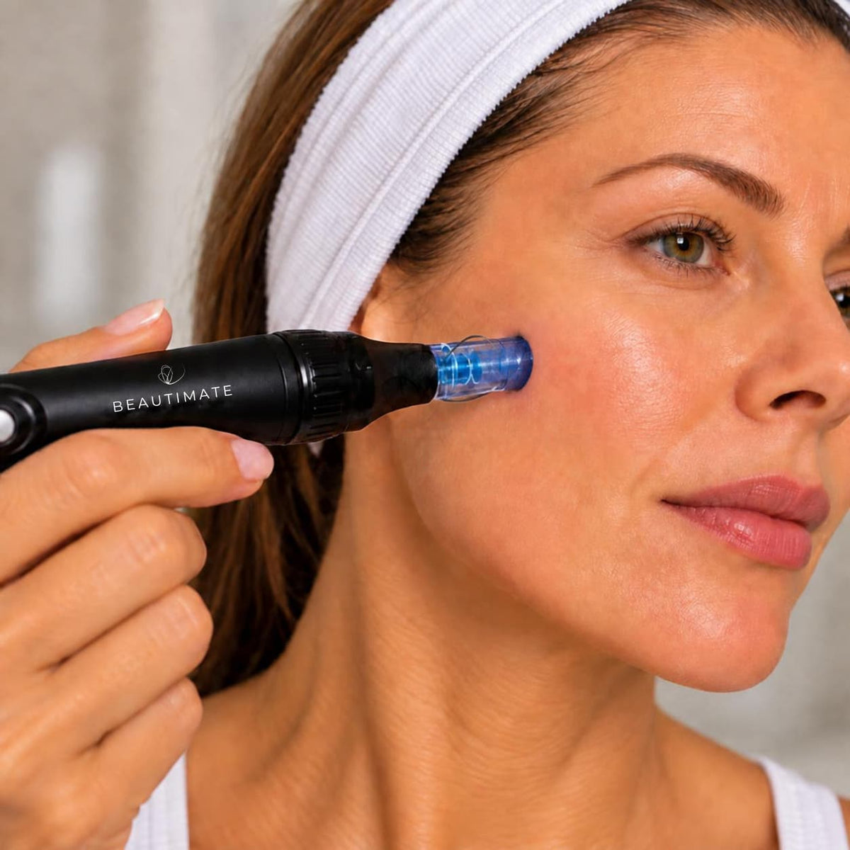 Woman using beautimate microneedle pen on her face