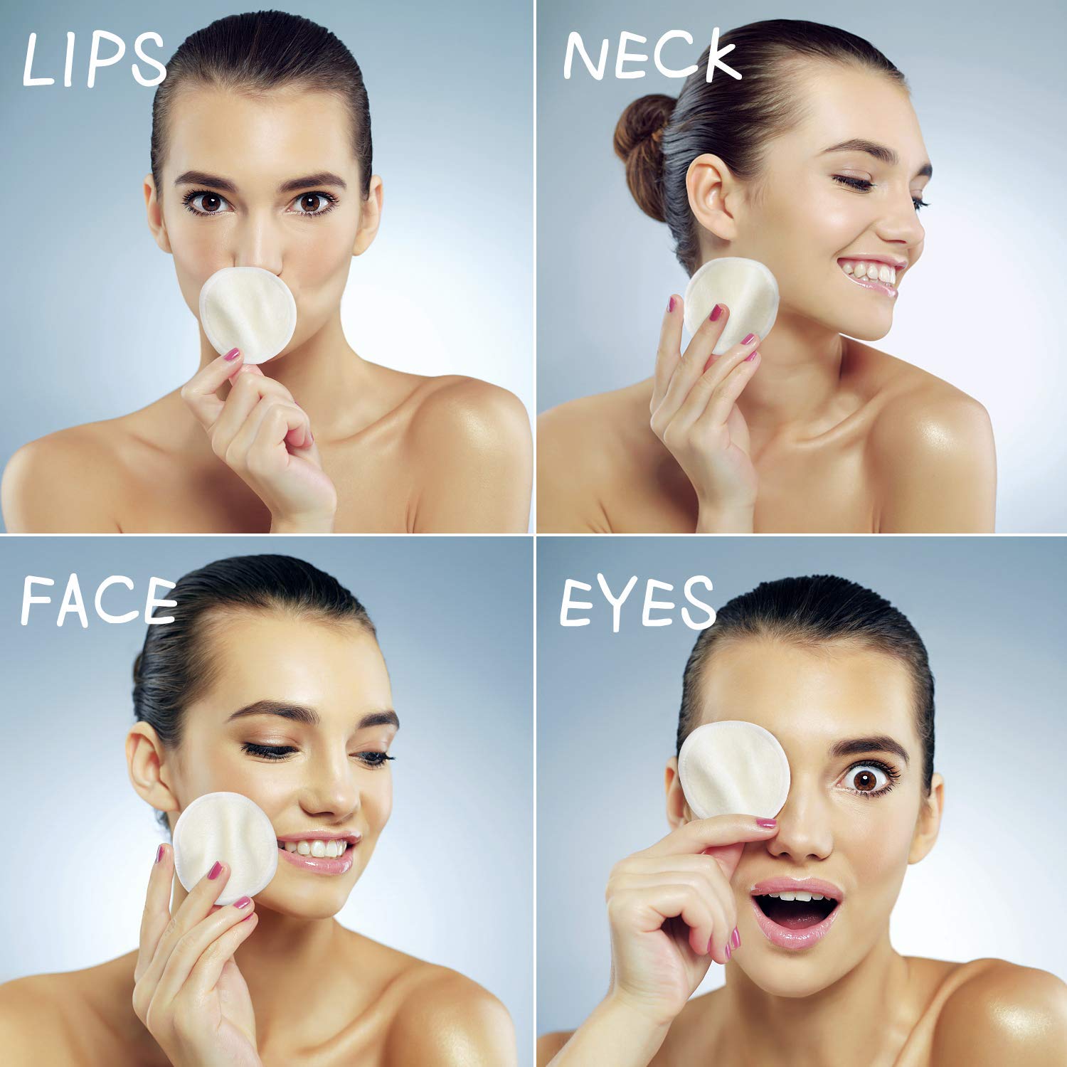 woman using our pads on different part of face in her skincare routine 